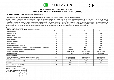 Declaration of performance: Pilkington Suncool 30/16 Pro T