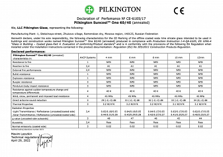 Declaration of performance: Pilkington Suncool One 60/40