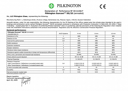 Declaration of performance: Pilkington Suncool 50/25