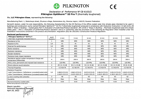 Declaration of performance: Pilkington Optitherm S3 Pro T